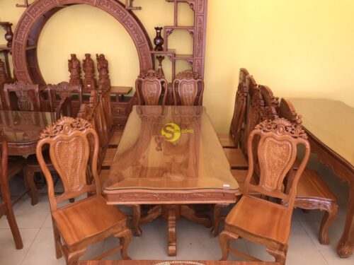 Bộ bàn ăn gõ đỏ 10 ghế hoa lá tây bàn vuông lượn - BBA21610L - Hình ảnh 4