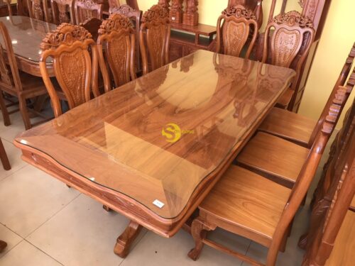 Bộ bàn ăn gõ đỏ 10 ghế hoa lá tây bàn vuông lượn - BBA21610L - Hình ảnh 18