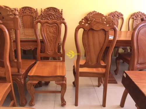 Bộ bàn ăn gõ đỏ 10 ghế hoa lá tây bàn vuông lượn - BBA21610L - Hình ảnh 12
