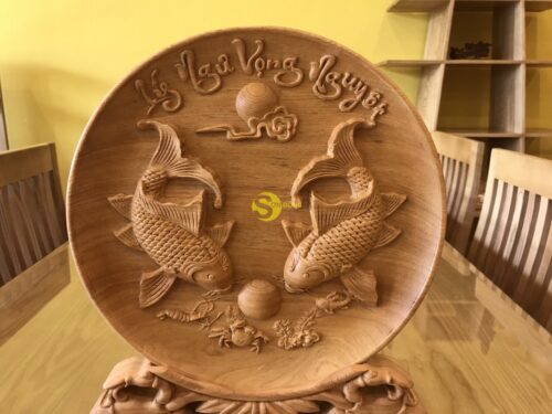 Đĩa lý ngư vọng nguyệt gỗ pơmu 32cm - DLN321 - Hình ảnh 5