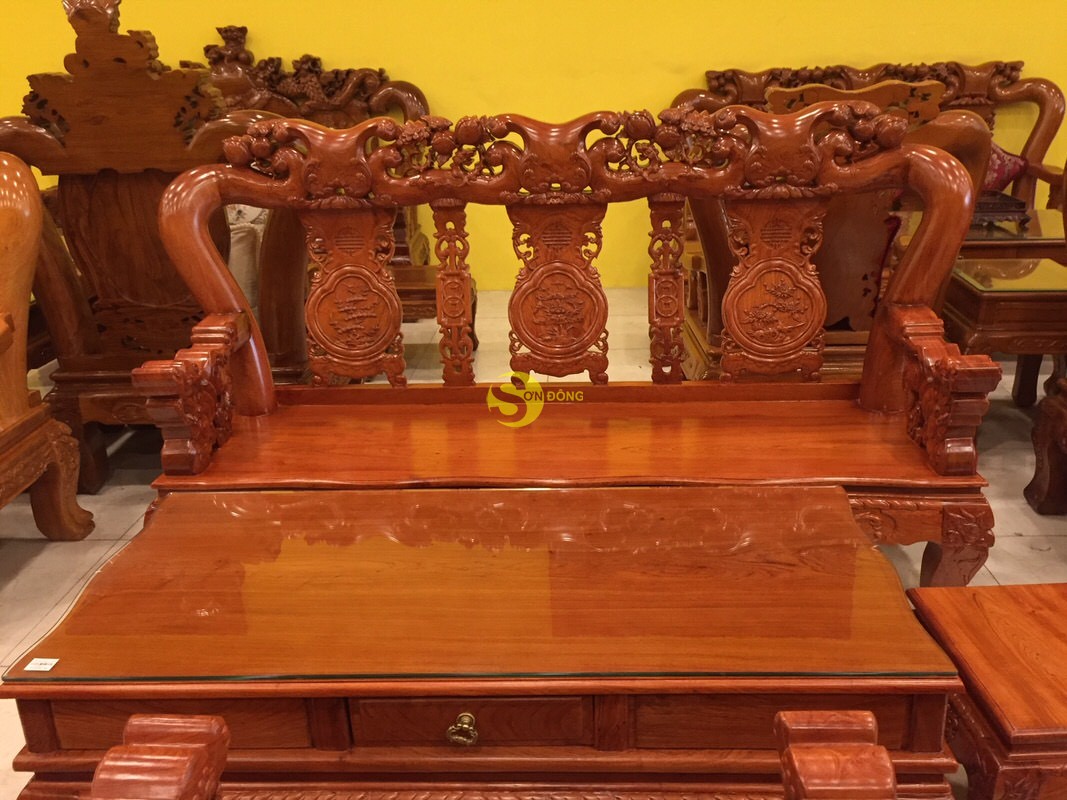 Bộ bàn ghế gỗ hương đá chạm đào chim tay nghê mặt liền 6 món tay 12 BBG249 (Ảnh 1)