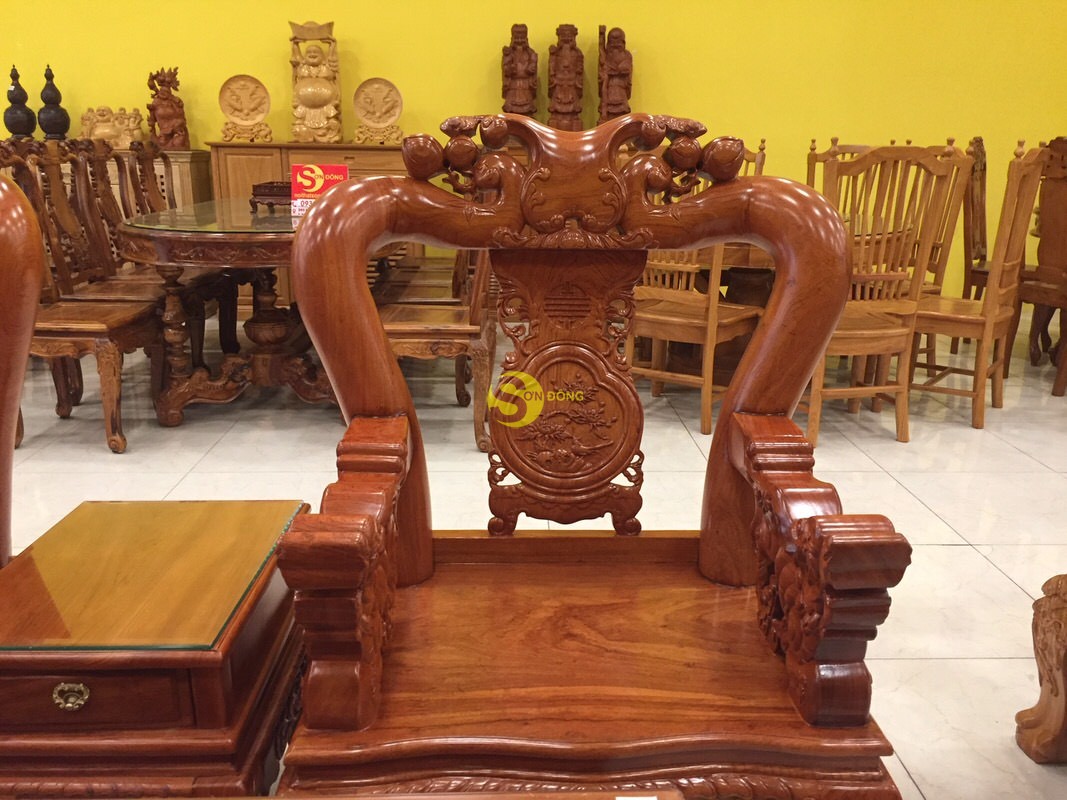 Bộ bàn ghế gỗ hương đá chạm đào chim tay nghê mặt liền 6 món tay 12 BBG249 (Ảnh 3)
