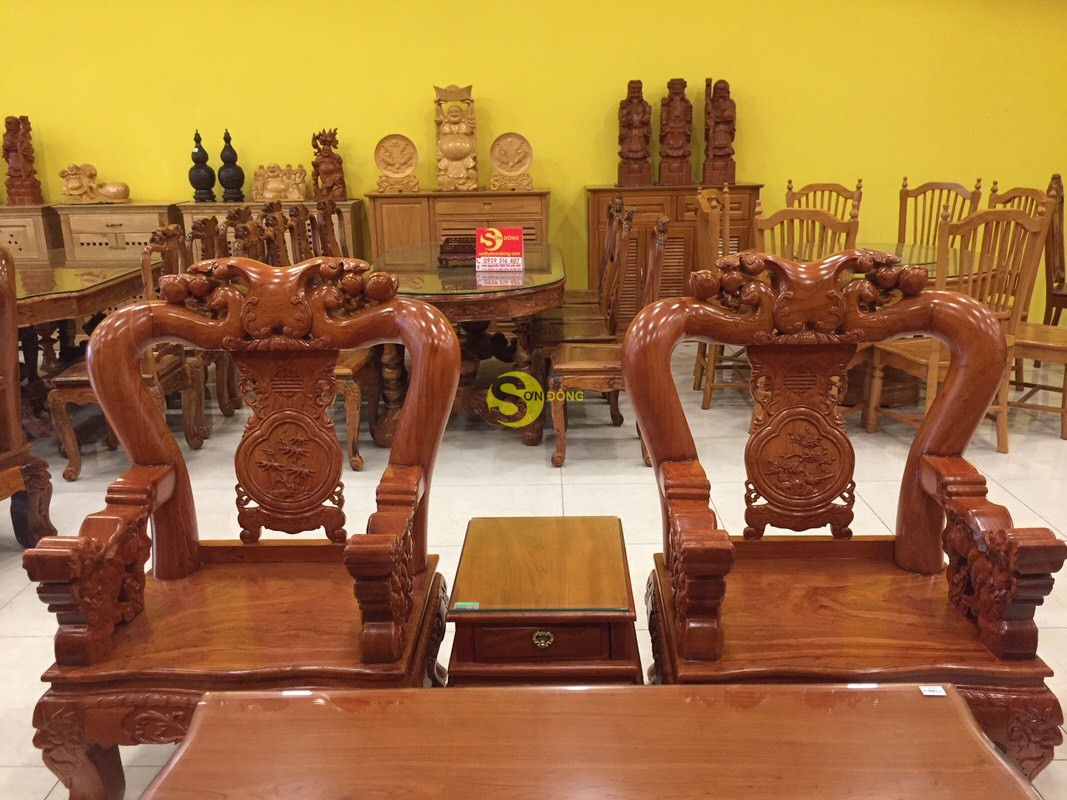 Bộ bàn ghế gỗ hương đá chạm đào chim tay nghê mặt liền 6 món tay 12 BBG249 (Ảnh 2)