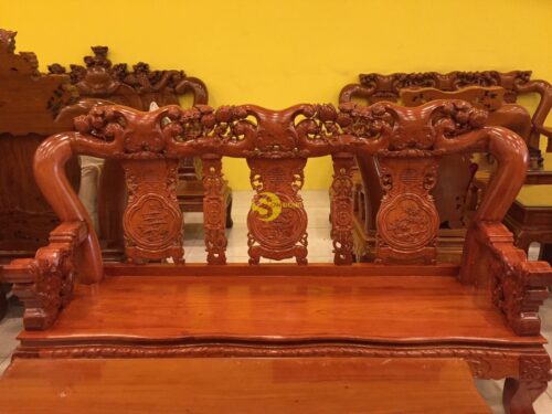 Bộ bàn ghế gỗ hương đá chạm đào chim tay nghê mặt liền 6 món tay 12 BBG249 - Hình ảnh 4