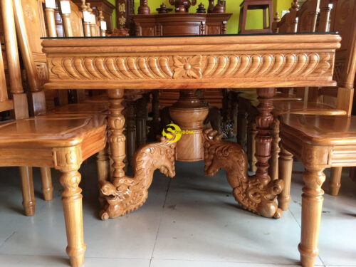 Bộ bàn ghế phòng ăn gỗ gõ đỏ chạm chân nghê BBA2298V