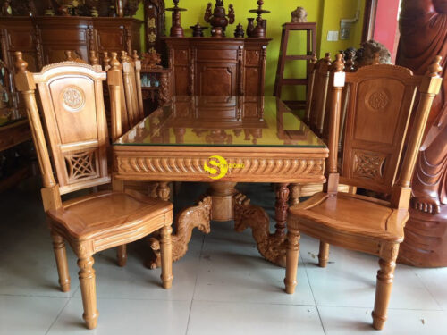 Bộ bàn ghế phòng ăn gỗ gõ đỏ chạm chân nghê BBA2298V
