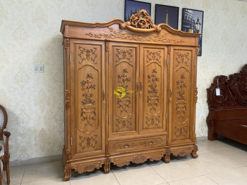 Tủ quần áo gỗ gõ đỏ 3 buồng 4 cánh 2.2m chạm giỏ hoa hồng cỏ điển VIP - TQA212