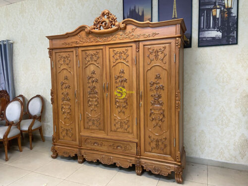 Tủ quần áo gỗ gõ đỏ 3 buồng 4 cánh 2.2m chạm giỏ hoa hồng cỏ điển VIP - TQA212