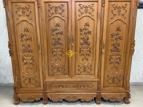 Tủ quần áo gỗ gõ đỏ 3 buồng 4 cánh 2.2m chạm giỏ hoa hồng cỏ điển VIP - TQA212
