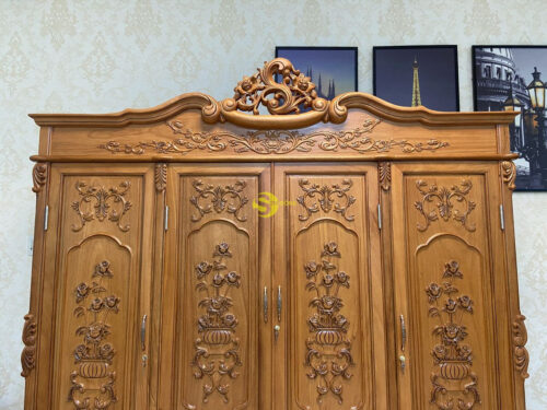 Tủ quần áo gỗ gõ đỏ 3 buồng 4 cánh 2.2m chạm giỏ hoa hồng cỏ điển VIP - TQA212