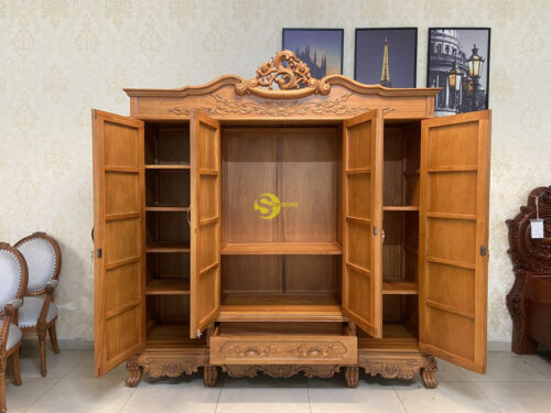 Tủ quần áo gỗ gõ đỏ 3 buồng 4 cánh 2.2m chạm giỏ hoa hồng cỏ điển VIP - TQA212