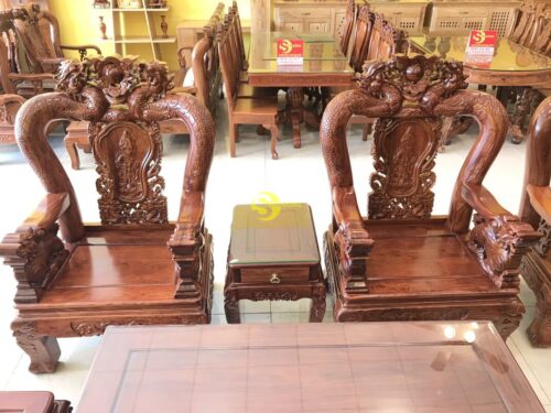 Bộ bàn ghế lưỡng long chầu nguyệt gỗ hương vân tay 12, 6 món BBG1804 - Hình ảnh 4