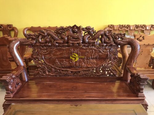 Bộ bàn ghế lưỡng long chầu nguyệt gỗ hương vân tay 12, 6 món BBG1804 - Hình ảnh 13