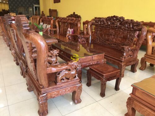 Bộ bàn ghế lưỡng long chầu nguyệt gỗ hương vân tay 12, 6 món BBG1804 - Hình ảnh 15