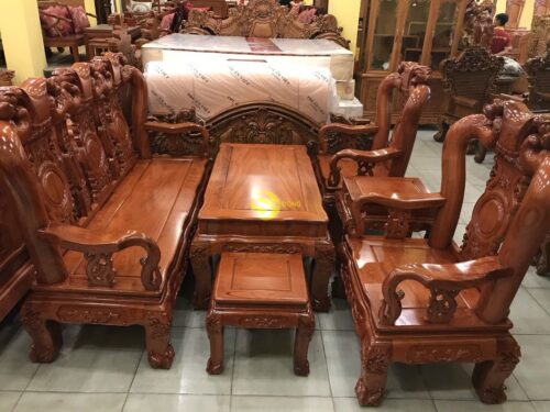 Bộ bàn ghế hương đá vai cong chạm đào đẹp 6 món tay 12 - BBG361 - Hình ảnh 4