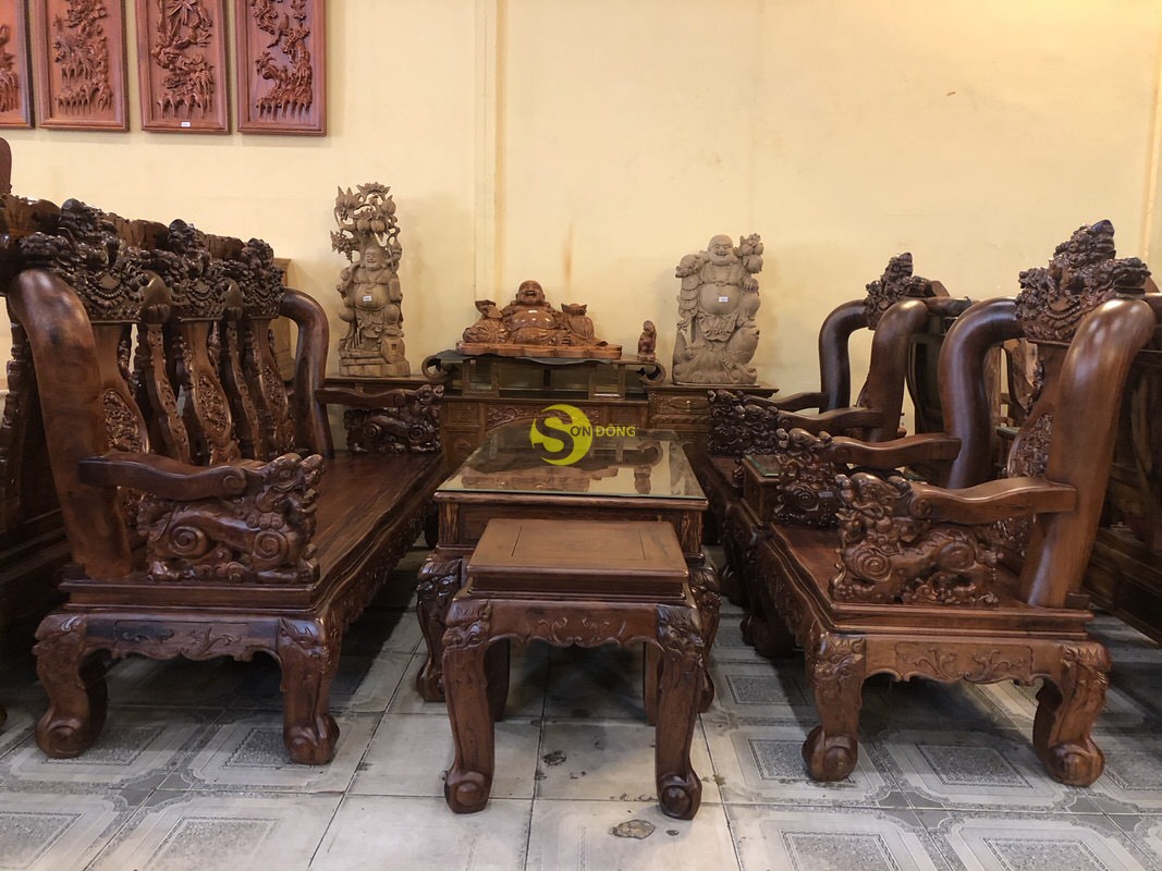 Bộ bàn ghế gỗ cẩm lai chạm nghê ( chạm đẹp) 6 món tay 12 – BBG80C (Ảnh 3)