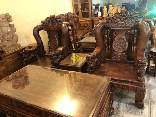 Bộ bàn ghế gỗ cẩm lai chạm nghê ( chạm đẹp) 6 món tay 12 - BBG80C - Ảnh 13