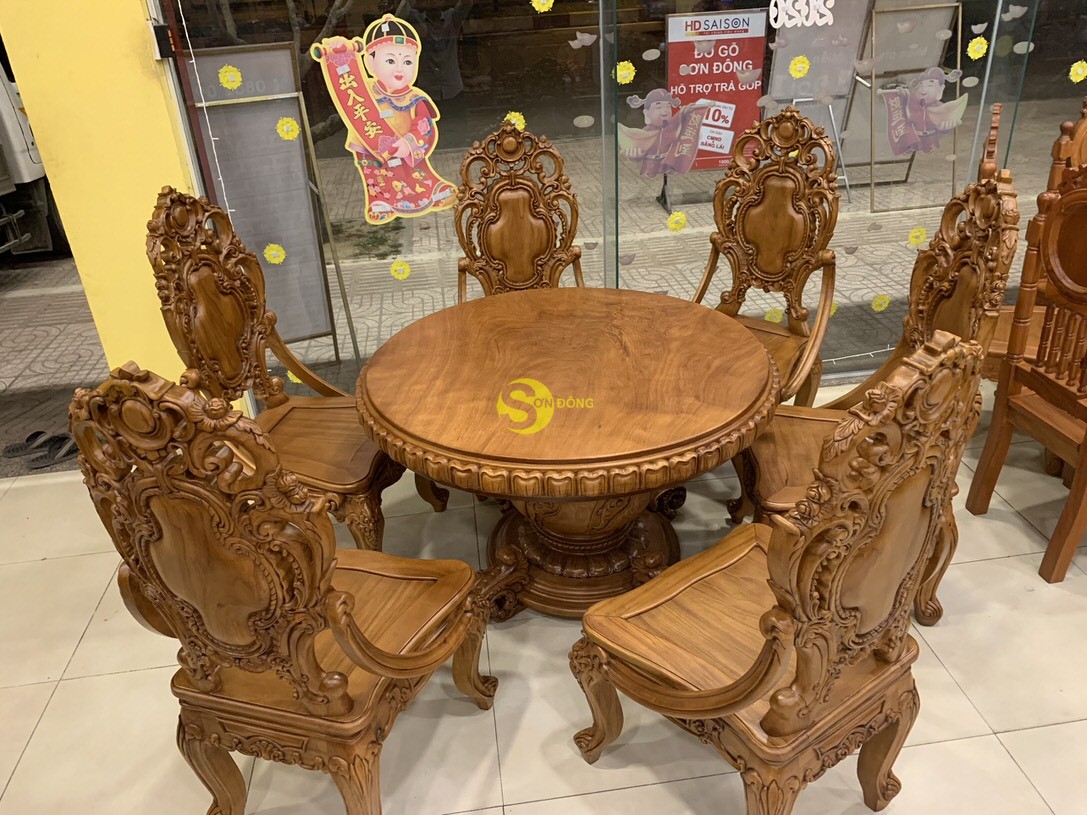 Bộ bàn ăn cổ điển 6 ghế mặt nguyên tấm 1,1m BBA11 (Ảnh 7)
