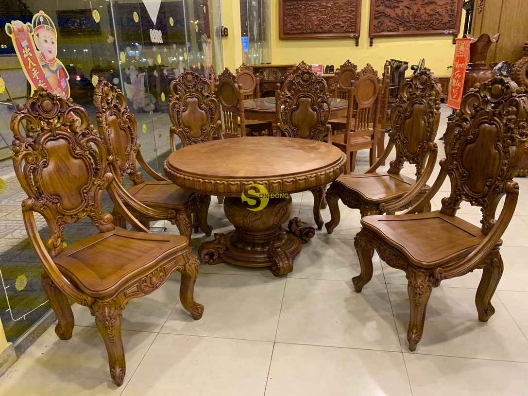 Bộ bàn ăn cổ điển 6 ghế mặt nguyên tấm 1,1m BBA11 (Ảnh 4)
