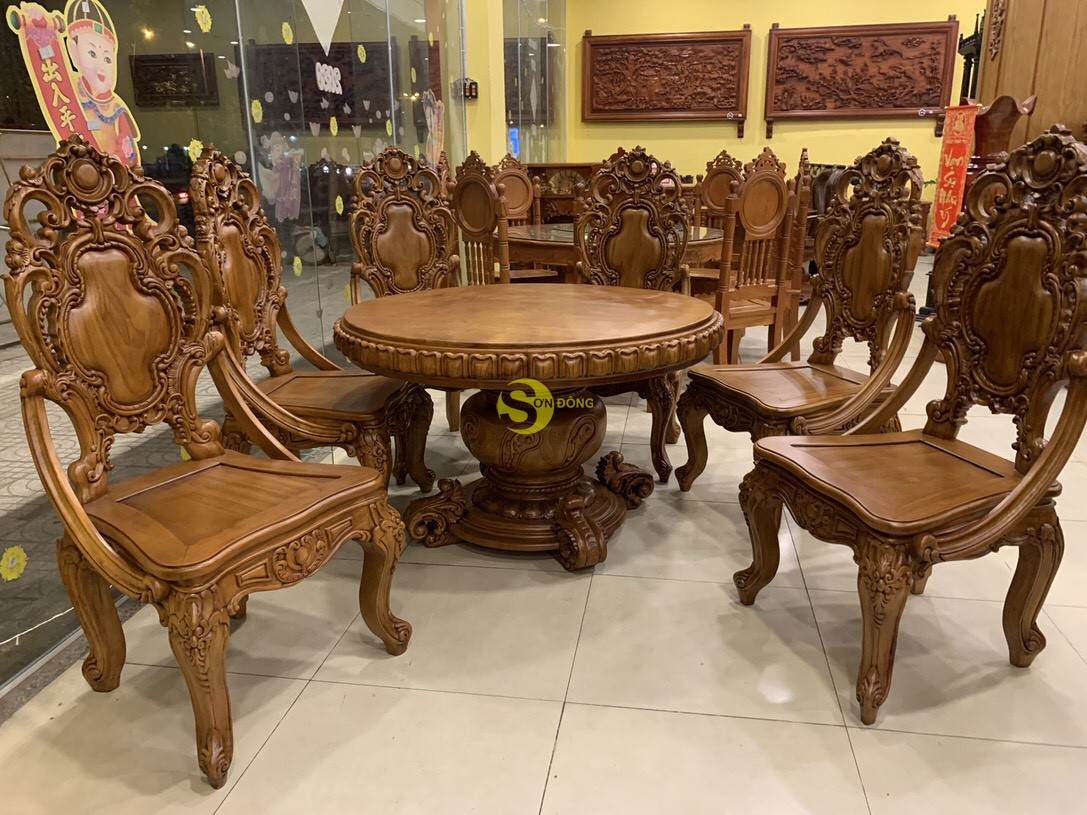 Bộ bàn ăn cổ điển 6 ghế mặt nguyên tấm 1,1m BBA11 (Ảnh 3)