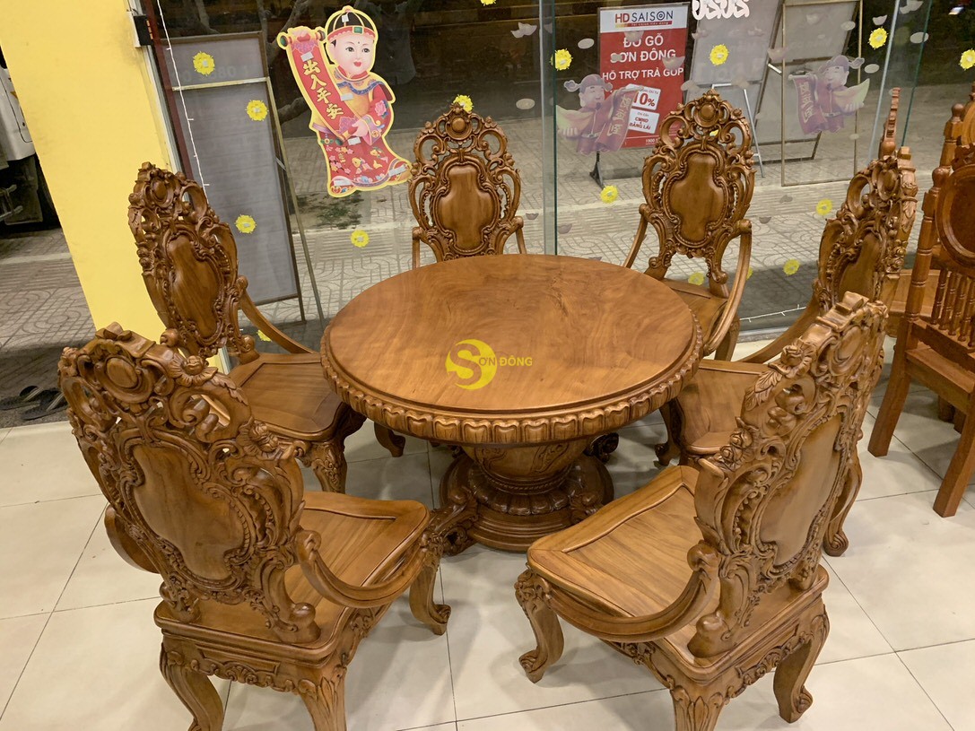 Bộ bàn ăn cổ điển 6 ghế mặt nguyên tấm 1,1m BBA11 (Ảnh 1)