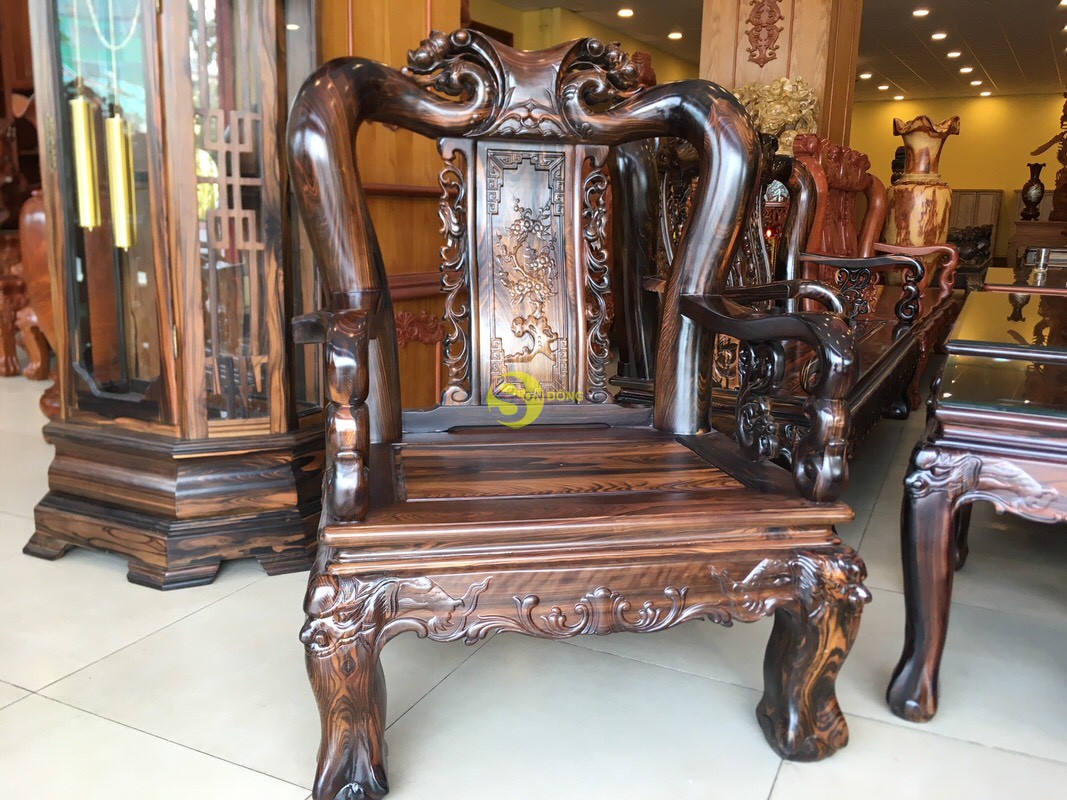 Bộ bàn ghế gỗ Mun Sọc chạm đào 10 món tay 12 – BBG222 (Ảnh 6)