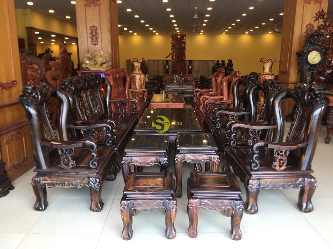 Bộ bàn ghế gỗ Mun Sọc chạm đào 10 món tay 12 – BBG222 (Ảnh 4)