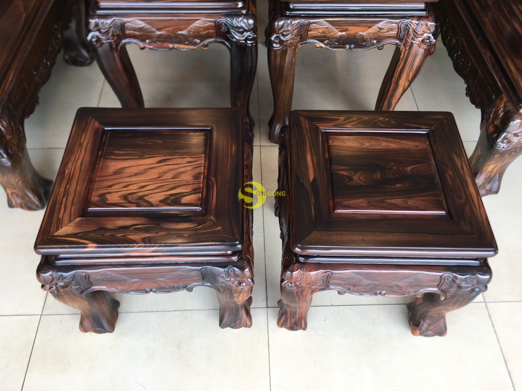 Bộ bàn ghế gỗ Mun Sọc chạm đào 10 món tay 12 – BBG222 (Ảnh 1)