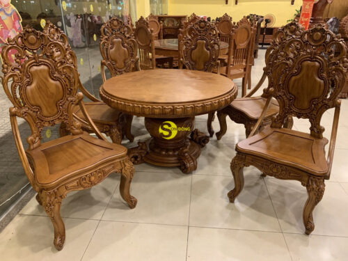 Bộ bàn ăn tròn gỗ gõ đỏ cao cấp BBA11