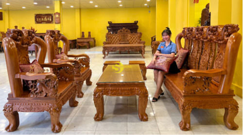 Bộ bàn ghế đào tựa chạm tứ linh tay rồng cột 14 6 món - BBG621