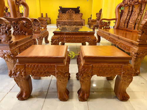 Bộ bàn ghế đào tựa chạm tứ linh tay rồng cột 14 6 món - BBG621 - Hình ảnh 2