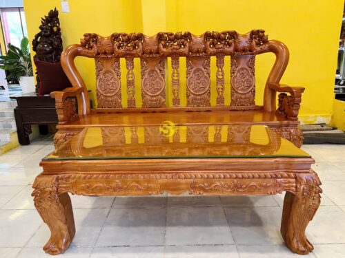 Bộ bàn ghế đào tựa chạm tứ linh tay rồng cột 14 6 món - BBG621 - Hình ảnh 10