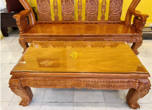 Bộ bàn ghế đào tựa chạm tứ linh tay rồng cột 14 6 món - BBG621 - Hình ảnh 9