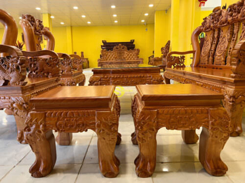 Bộ bàn ghế đào tựa chạm tứ linh tay rồng cột 14 6 món - BBG621 - Hình ảnh 8