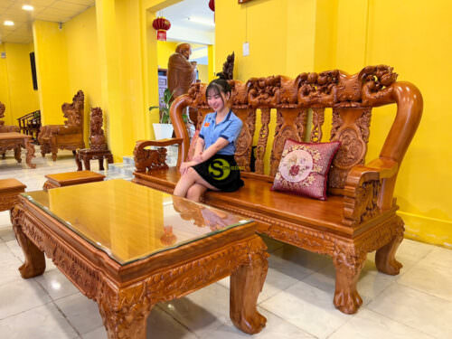 Bộ bàn ghế đào tựa chạm tứ linh tay rồng cột 14 6 món - BBG621 - Hình ảnh 6