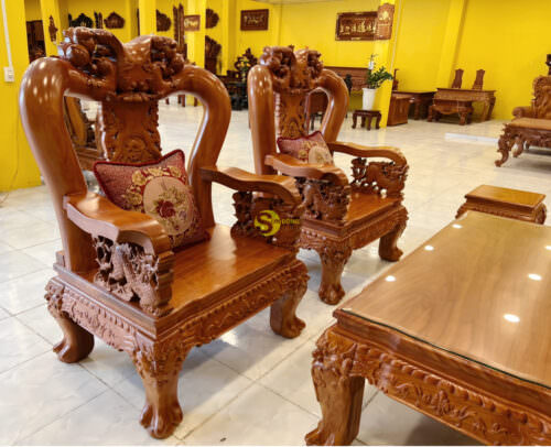 Bộ bàn ghế đào tựa chạm tứ linh tay rồng cột 14 6 món - BBG621 - Hình ảnh 4