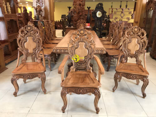 Bộ bàn ăn cổ điển gỗ gõ đỏ nguyên tấm BBA213
