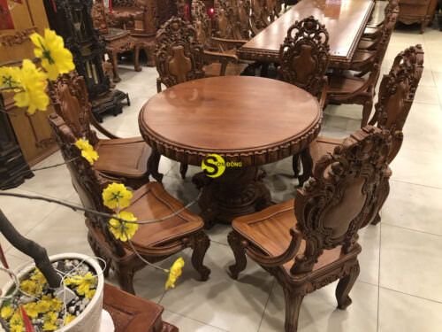 Bộ bàn ghế tròn gỗ gõ đỏ cao cấp BBA113