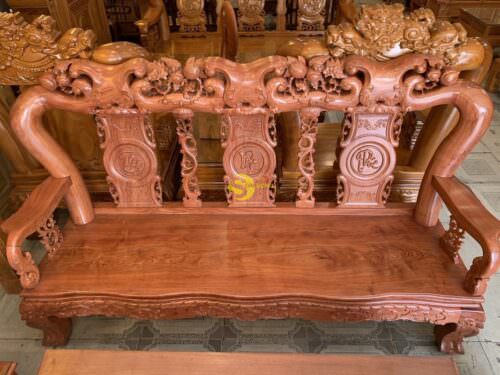 Bộ bàn ghế chạm đào phúc lộc thọ mặt liền gỗ hương đá 6 món tay 12 BBG046 - Hình ảnh 8