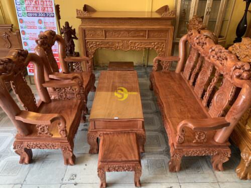 Bộ bàn ghế chạm đào phúc lộc thọ mặt liền gỗ hương đá 6 món tay 12 BBG046 - Hình ảnh 7