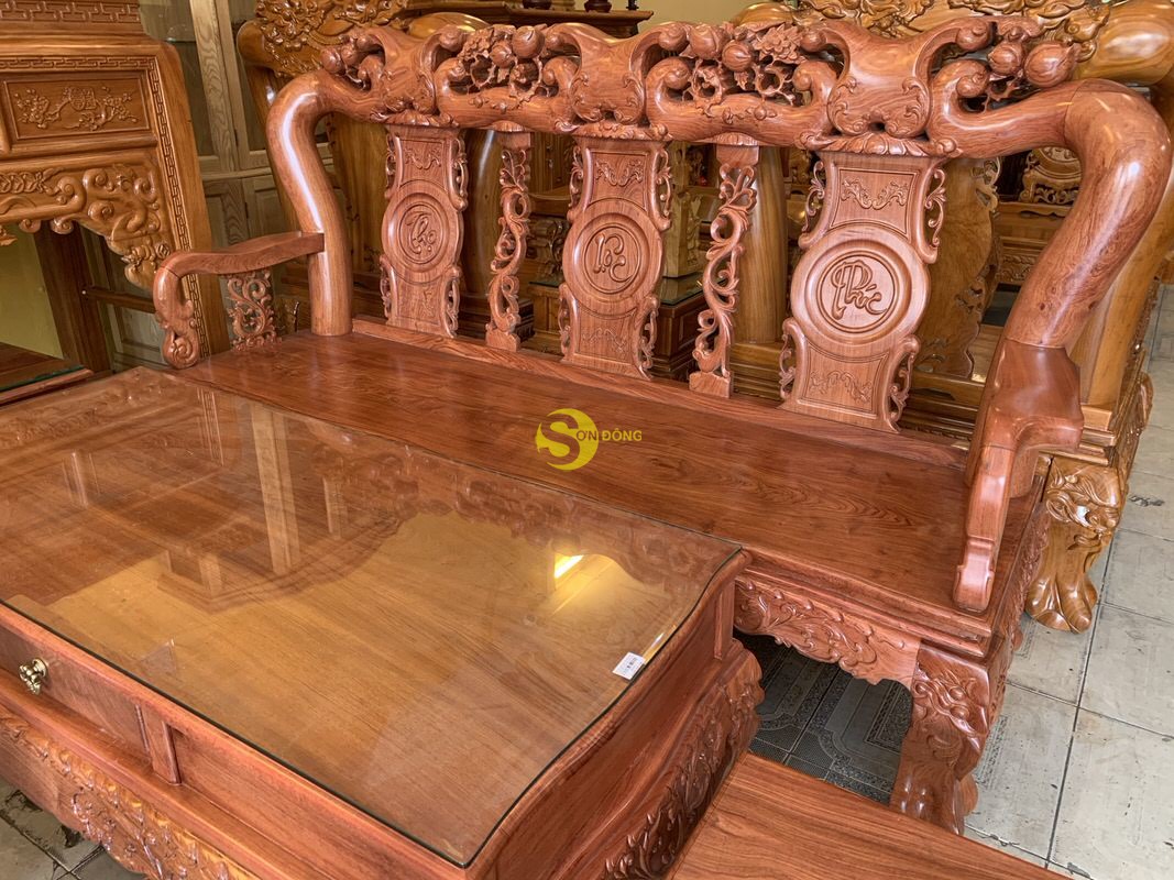 Bộ bàn ghế chạm đào phúc lộc thọ mặt liền gỗ hương đá 6 món tay 12 BBG046 (Ảnh 3)