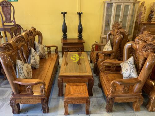 Bộ bàn ghế gỗ hương đào vân tuyển tựa liền 6 món tay 12 BBG265 - Hình ảnh 8