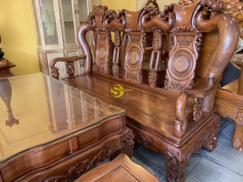 Bộ bàn ghế hương đá chạm đào đẹp vai cong cổ điển 6 món tay 12 BBG3610 - Hình ảnh 4