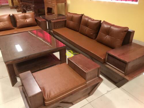 Bộ sofa góc nệm da chân vát nghệ thuật màu óc chó 5 món SFG017 - Hình ảnh 11