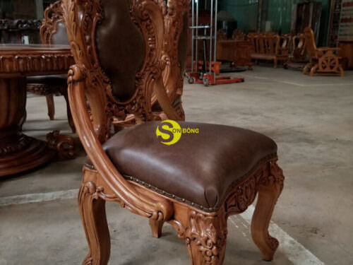 Bộ bàn ghế phòng ăn gỗ gõ đỏ cổ điển bọc da bò cao cấp BBA124