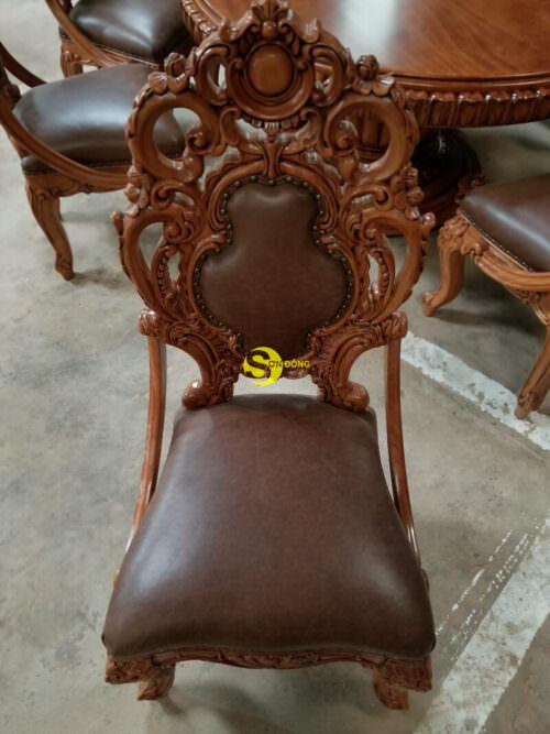 Bộ bàn ghế phòng ăn gỗ gõ đỏ cổ điển bọc da bò cao cấp BBA124