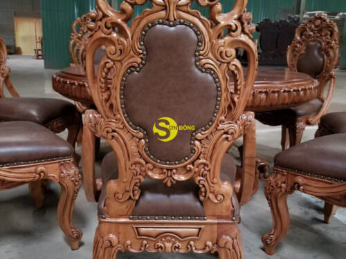 Bộ bàn ghế phòng ăn gỗ gõ đỏ cổ điển bọc da bò cao cấp BBA124