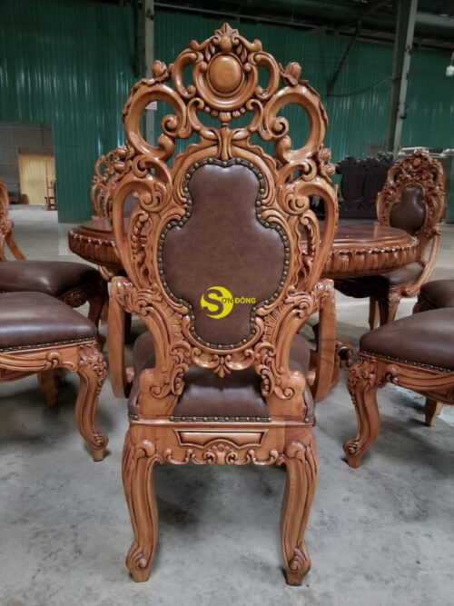 Bộ bàn ghế phòng ăn gỗ gõ đỏ cổ điển bọc da bò cao cấp BBA124