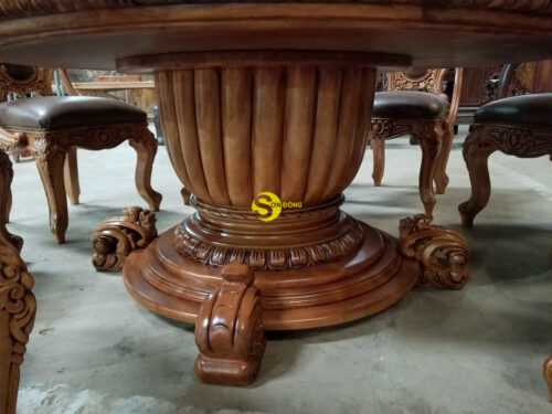 Bộ bàn ghế phòng ăn gỗ gõ đỏ cổ điển bọc da bò cao cấp BBA124