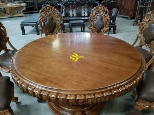 Bộ bàn ghế phòng ăn gỗ gõ đỏ cổ điển bọc da bò cao cấp BBA124